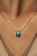 Pirlanta 14 Ayar Altin Dorikalı Rainbow Zumrut Renkli Damla Taşlı Kolye