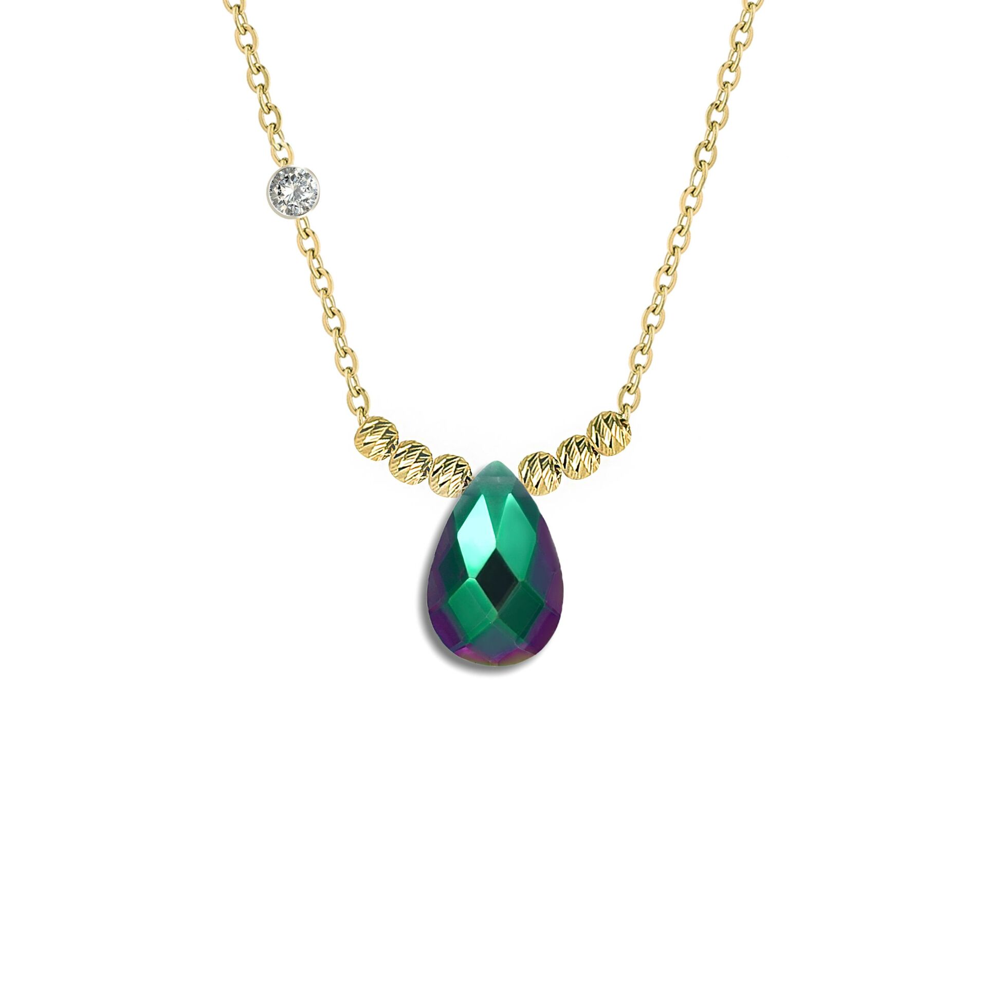 Pirlanta 14 Ayar Altin Dorikalı Rainbow Zumrut Renkli Damla Taşlı Kolye