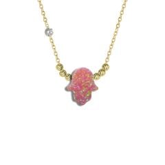 Pirlanta 14 Ayar Altin Dorikalı Pembe Opal Fatmanin Eli Taşlı Kolye
