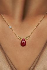 Pirlanta 14 Ayar Altin Dorikalı Yakut Renkli Damla Taşlı Renkli Damla Taşlı Kolye