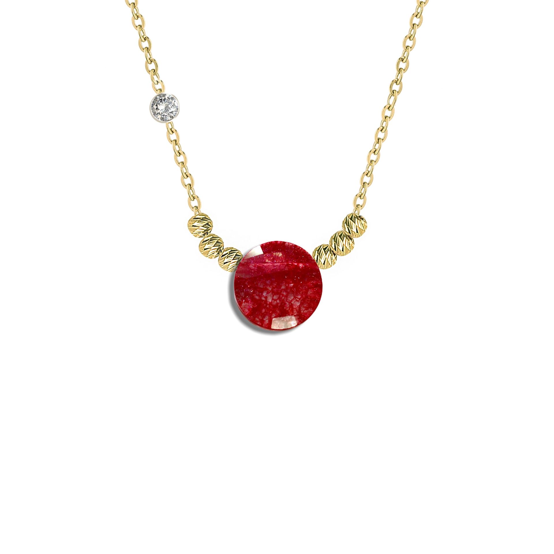 Pirlanta 14 Ayar Altin Dorikalı Yakut Renkli Yuvarlak Taşlı Kolye