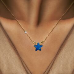 Pirlanta 14 Ayar Altin Dorikalı Safir Renkli Yıldız Taşlı Kolye