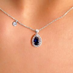 Pırlanta Tohumlu 14 Ayar Altın Safir Rengi Damla Kolye Ucu