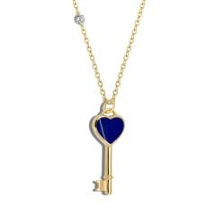 PIRLANTA 14 AYAR ALTIN  ÇİFT TARAF MİNELİ ANAHTAR MAVİ KOLYE