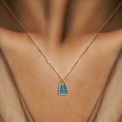 PIRLANTA 14 AYAR ALTIN  ÇİFT TARAF MİNELİ ÇANTA FİGÜR MAVİ KOLYE