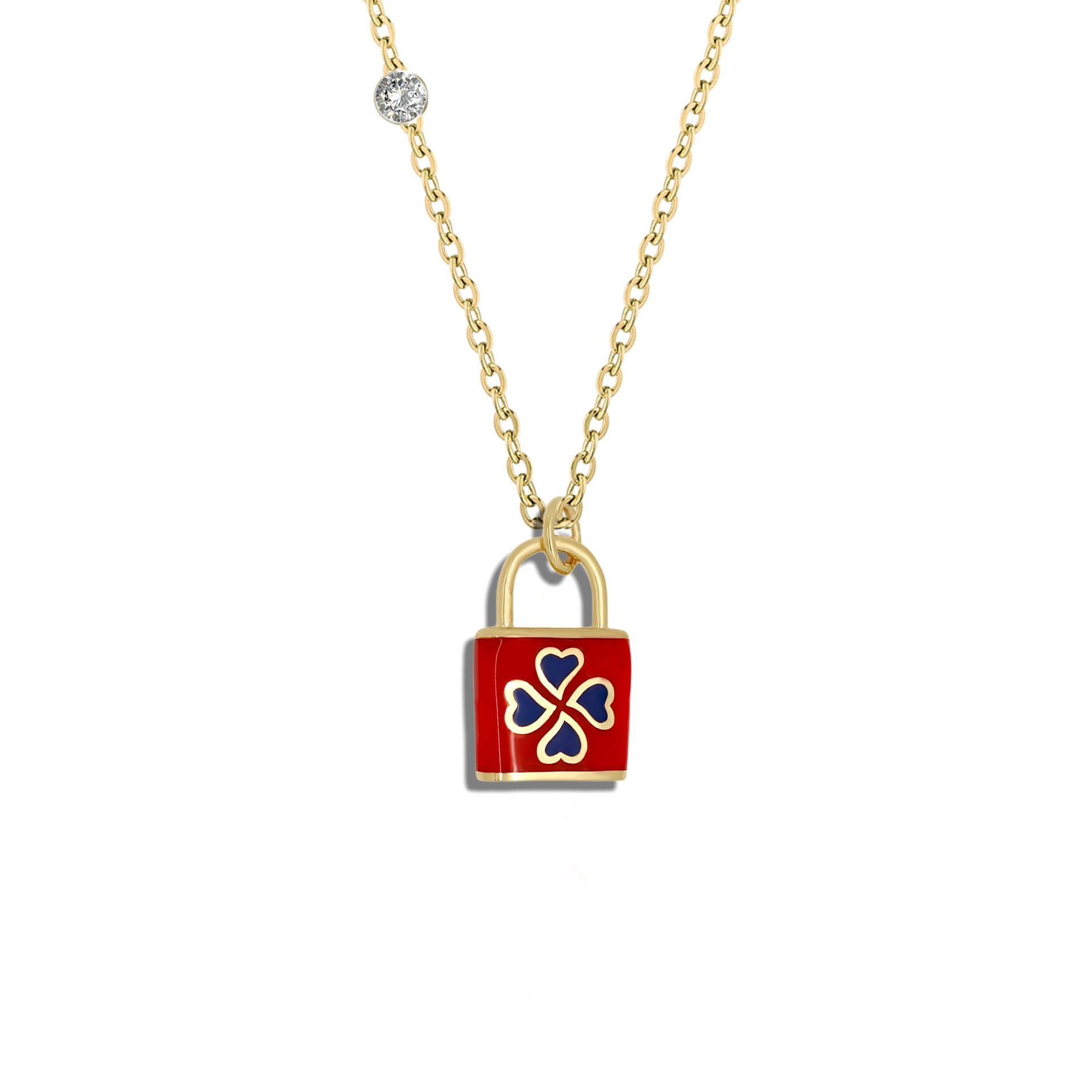 PIRLANTA 14 AYAR ALTIN  ÇİFT TARAF MİNELİ ÇANTA KIRMIZI YONCA KOLYE